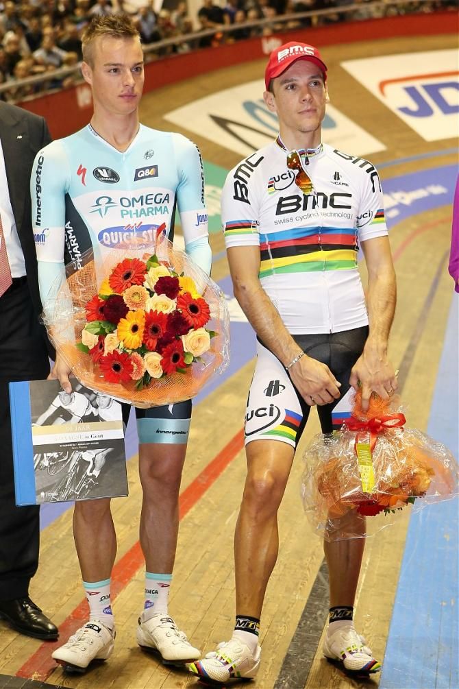 Gianni Meersman (Omega Pharma-Quick Step) and road world champion Philippe Gilbert (BMC) raced a 3km pursuit match.