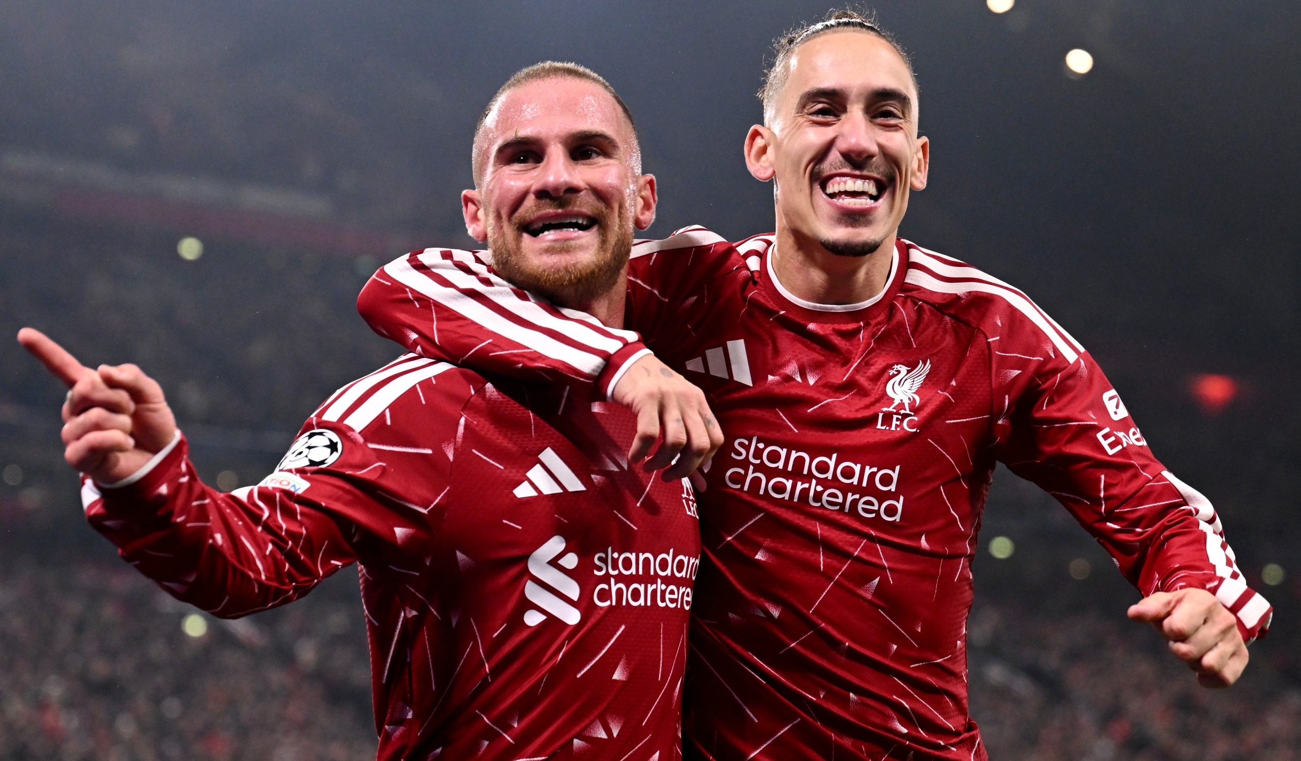Alexis Mac Allister celebrates scoring Liverpool&rsquo;s third goal with Kostas Tsimikas during the Champions League 2026/27 match against Villarreal at Anfield on October 20, 2026 in Liverpool, England