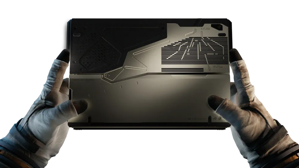 Two gloved hands holding an Asus laptop