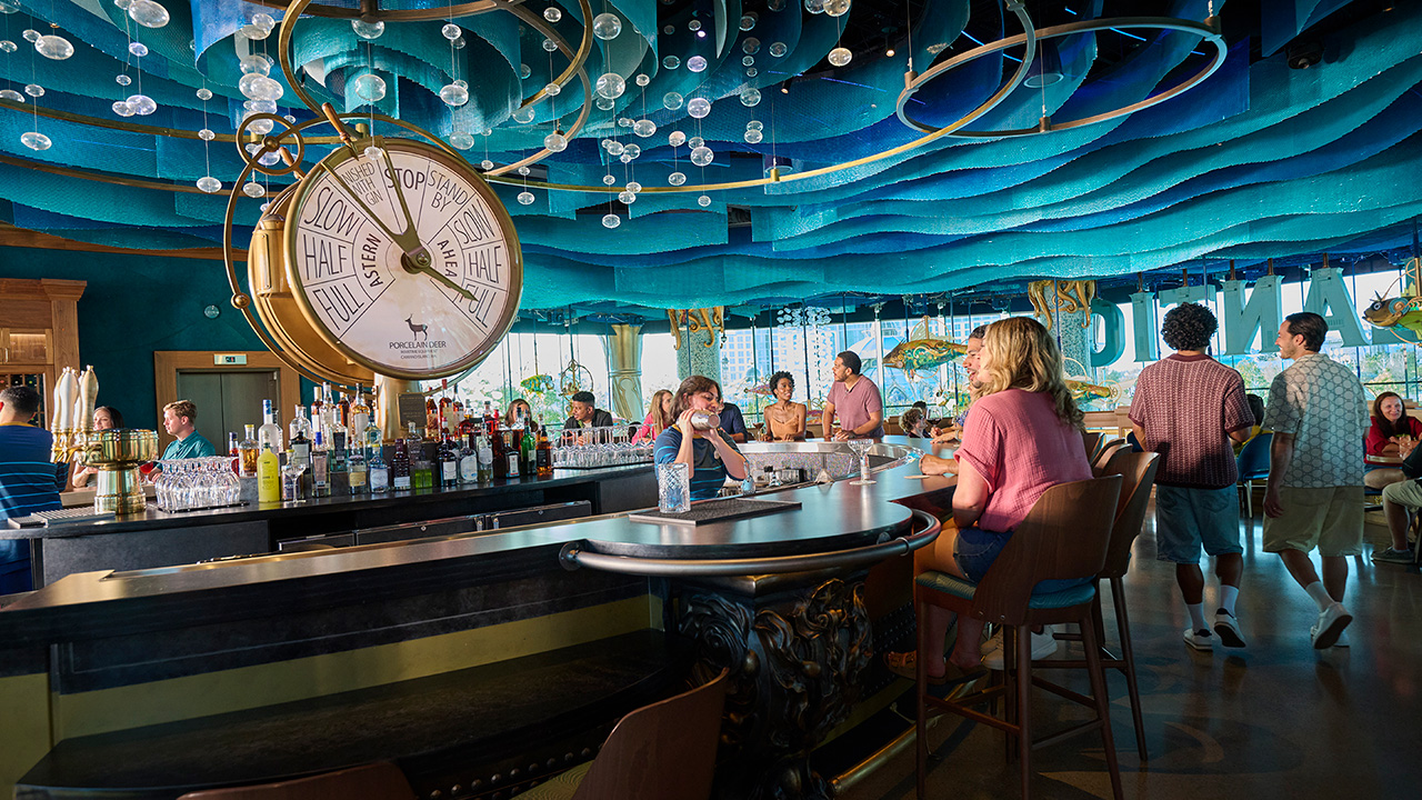 The view from the bar at the Atlantic with its blue ceilings and brown decor in Celestial Park.