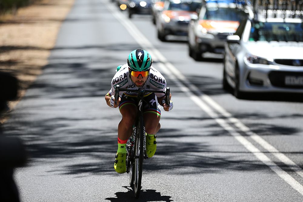 Peter Sagan gets low during stage 1 at the Tour Down Under