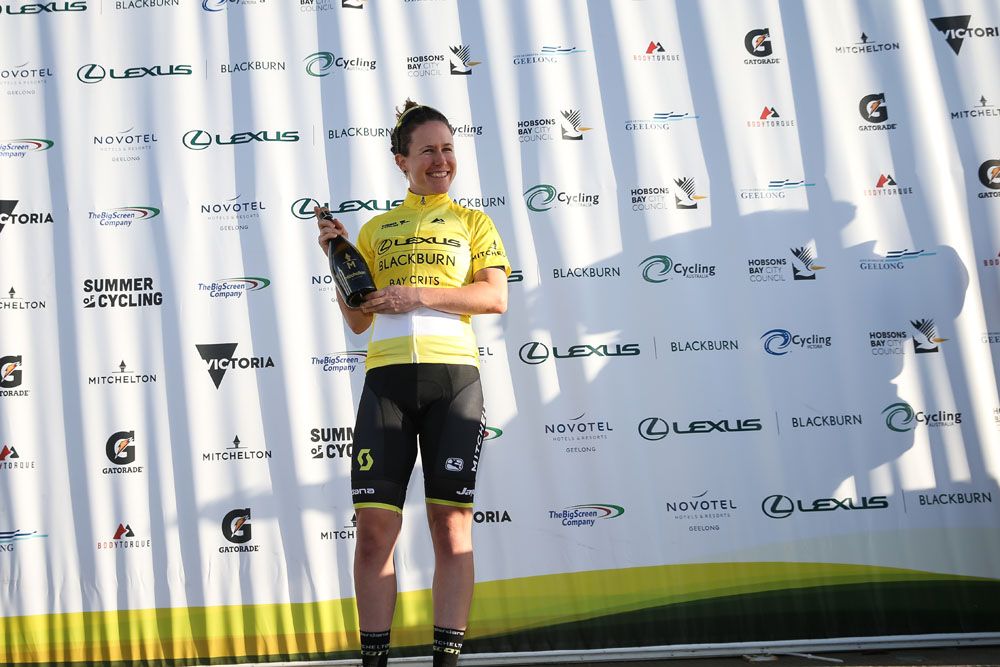 Amanda Spratt in the leader's jersey on day one at the Bay Crits