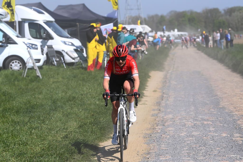 ROUBAIX FRANCE APRIL 16 Typhaine Laurance of France and Arkea Pro Cycling Team competes passing through a cobblestones sector during the 2nd ParisRoubaix 2022 Womens Elite a 1247km one day race from Denain to Roubaix ParisRoubaixFemmes ParisRoubaix on April 16 2022 in Roubaix France Photo by Tim de WaeleGetty Images