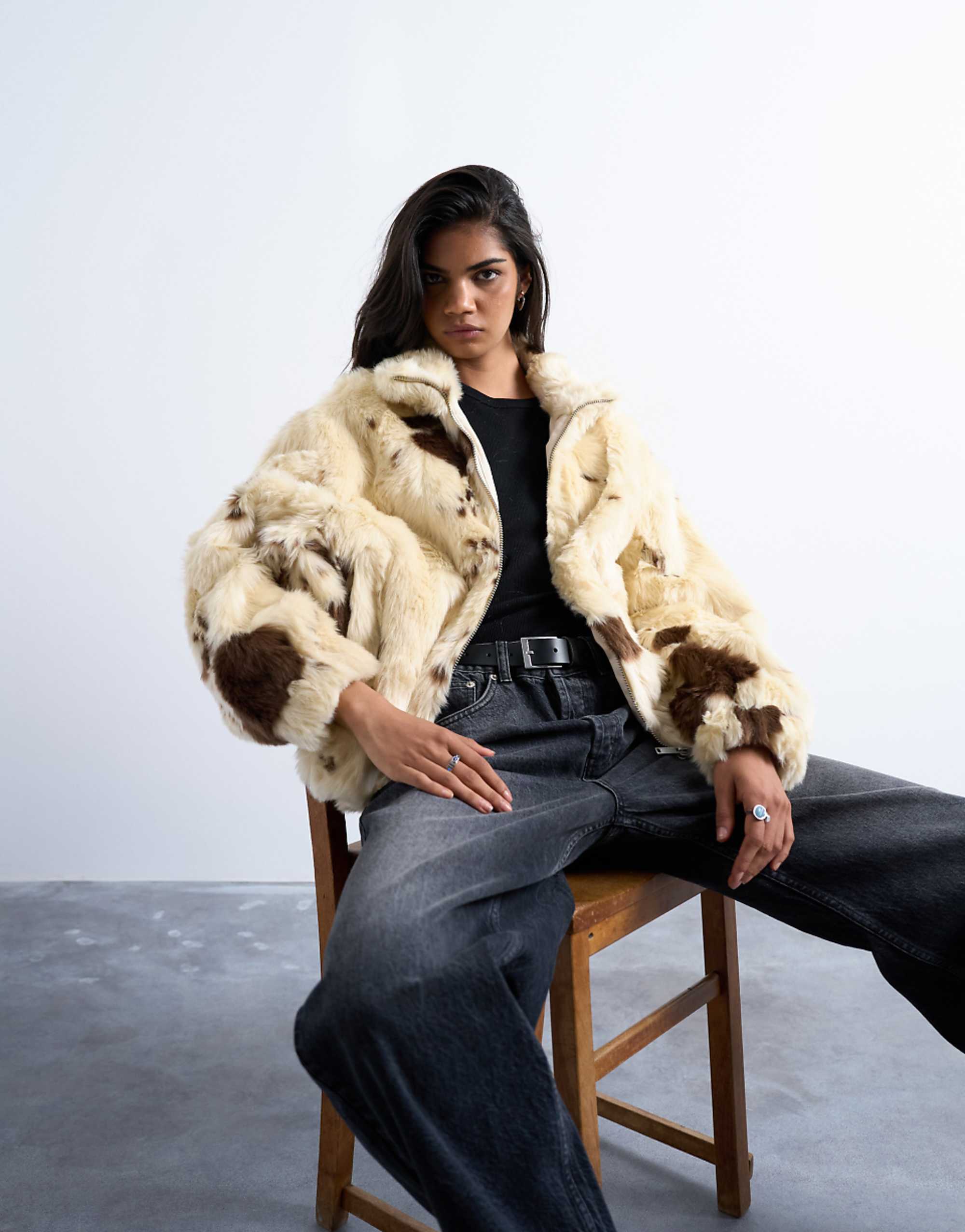 Topshop Faux Fur Pony Skin Cow Print Bomber Jacket in Cream