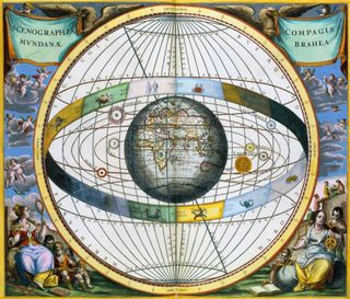 diagram of the earth with a circle representing the zodiac. in the diagram are also planets and epicycles. surrounding it is a backdrop of figurines on the ground and in the sky. latin text in two banners at the top describes the scene: "Illustration of the World" and "Brahe's Framework" are approximate translations in English