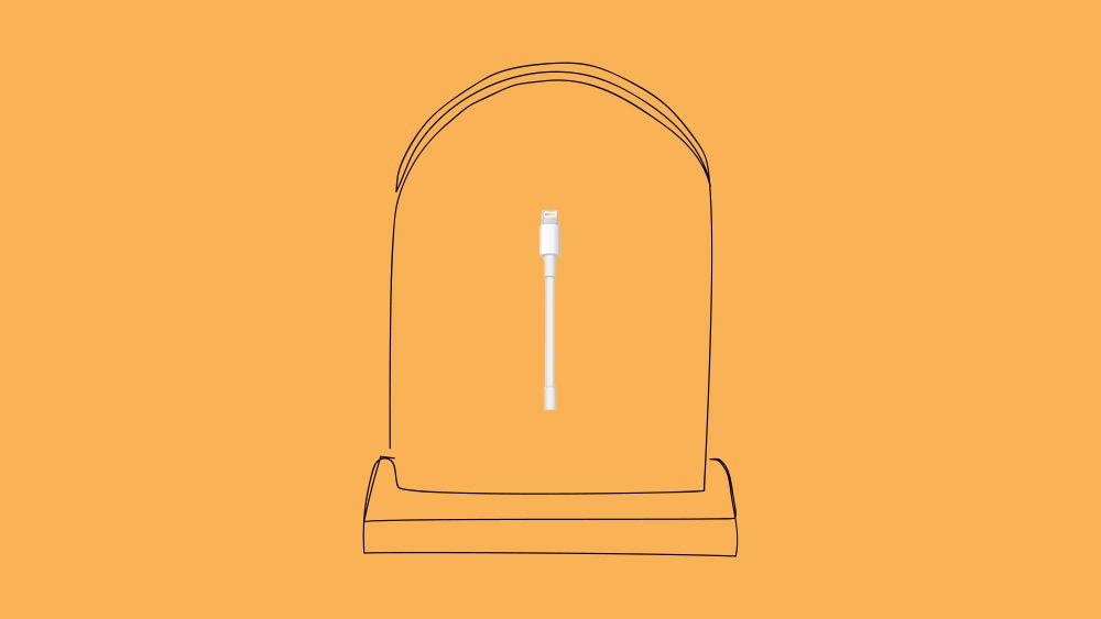 An Apple lightning cable on an illustration of a tombstone with an orange background