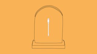 An Apple lightning cable on an illustration of a tombstone with an orange background
