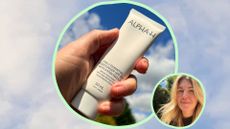 A blue cloud backdrop with an image of a hand holding alpha h daily essential moisturiser and a circular image of beauty editor fiona mckim wearing the spf with the sun on her face