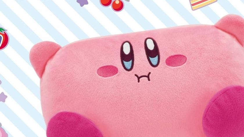 Image of a plush Hori Kirby Nintendo Switch 2 case, with a blue and white stripped background. 