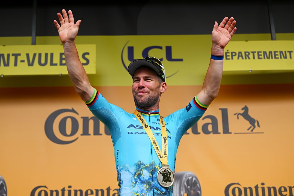 SAINT VULBAS FRANCE JULY 03 Mark Cavendish of The United Kingdom and Astana Qazaqstan Team celebrates at podium as stage winner during the 111th Tour de France 2024 Stage 5 a 1774km stage from SaintJeandeMaurienne to Saint Vulbas UCIWT on July 03 2024 in Saint Vulbas France Photo by Dario BelingheriGetty Images