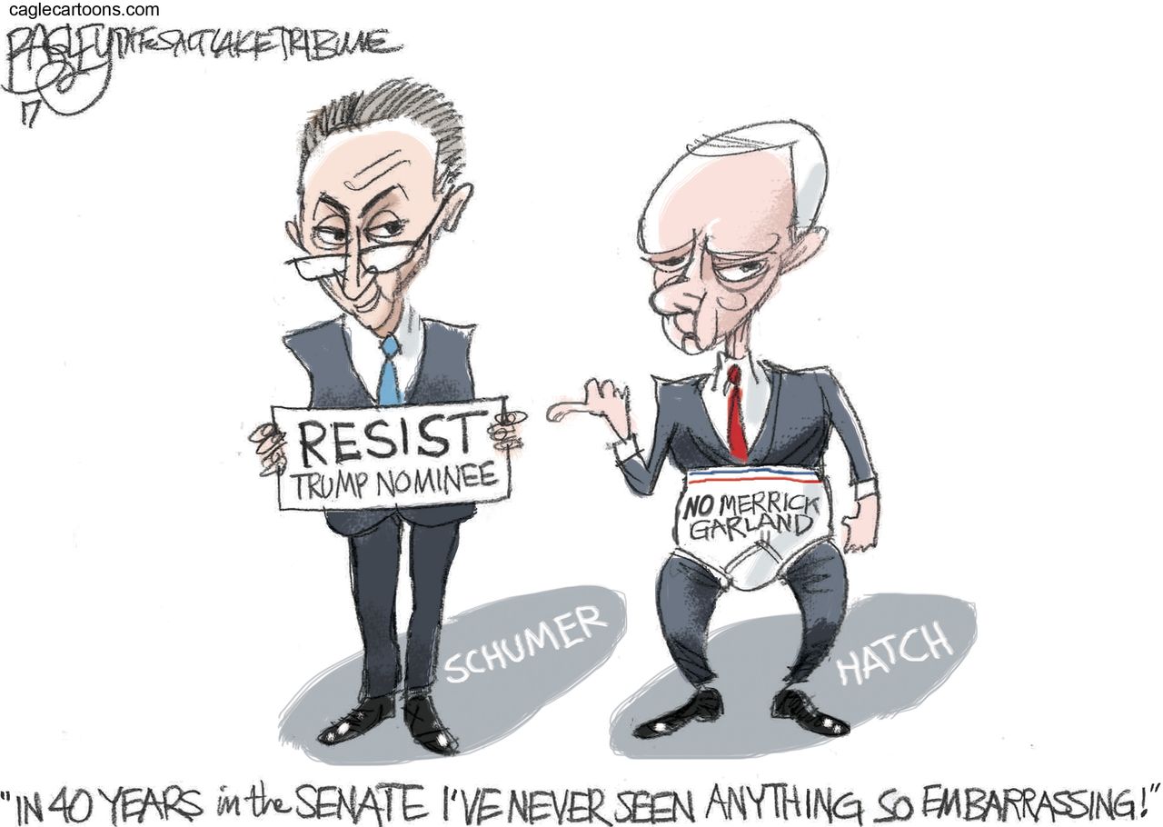 Political Cartoon U.S. Schumer Hatch Democrats resist Supreme Court nominee