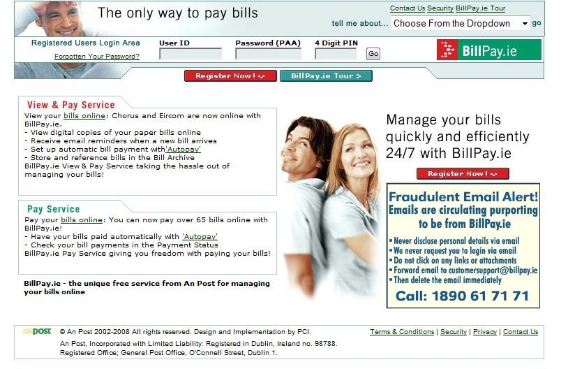 BillPay.ie image: At the start screen of BillPay.ie it gives a quick breakdown of services offered by the program. In the corner is the strange number to call.
