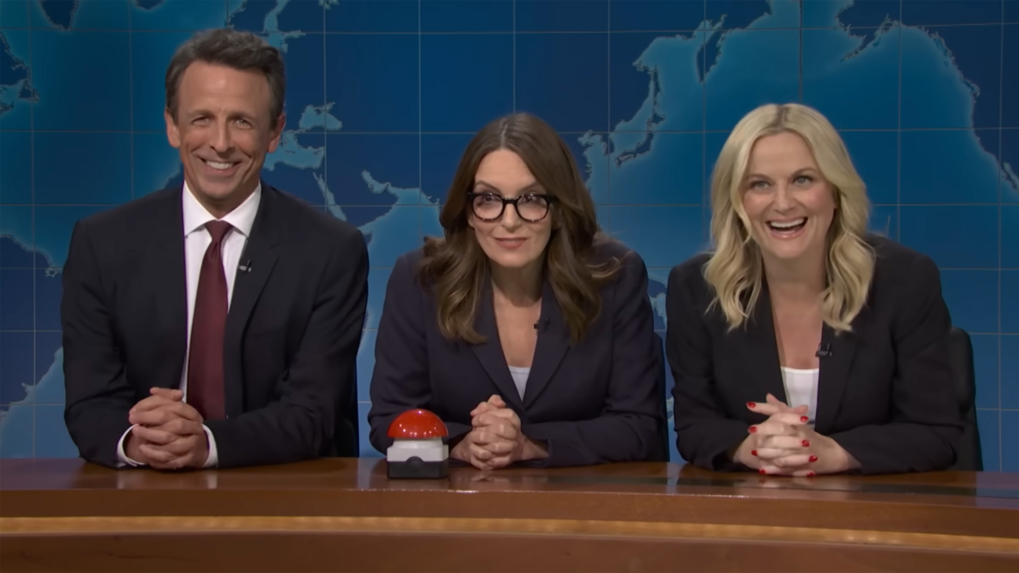 Seth Meyers, Tina Fey and Amy Poehler suit up and sit behind the Weekend Update desk in a special Season 51 guest stint. 