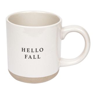 A grey stone mug that says 'hello fall'