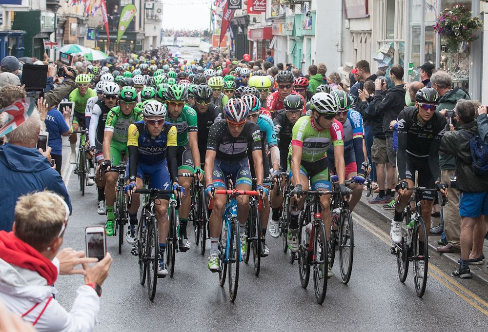 The peloton gets underway during stage 6 in Britain.