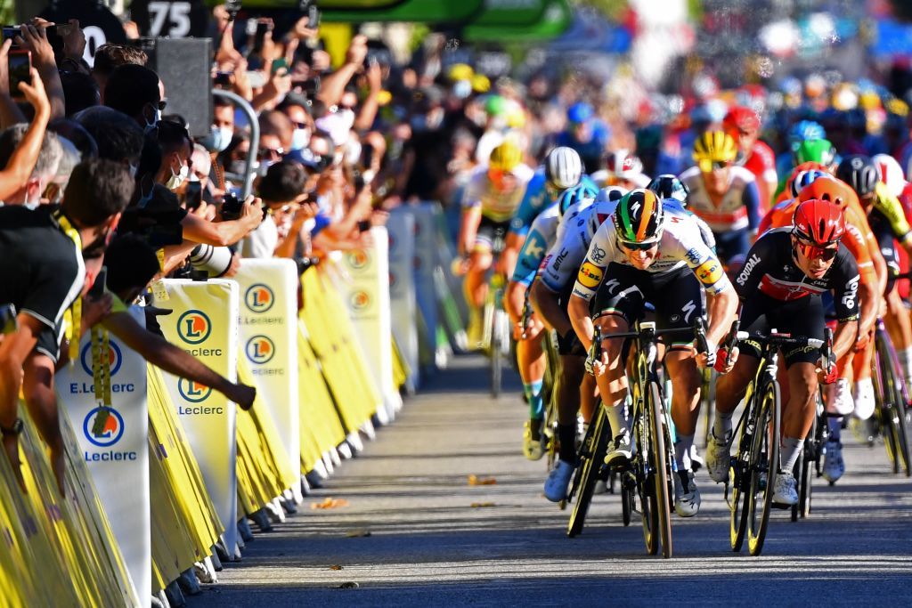 Team Lotto rider Australias Caleb Ewan 2ndL sprints next to Team Deceuninck rider Irelands Sam Bennett 1stL before the finish line of the 3rd stage of the 107th edition of the Tour de France cycling race 198 km between Nice and Sisteron on August 31 2020 Photo by Stuart Franklin various sources AFP Photo by STUART FRANKLINAFP via Getty Images