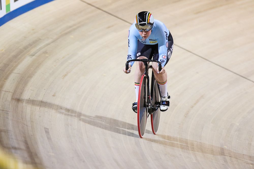 Belgium's Nicky Degrendele takes part in a qualifying round for the women's sprint during the UCI Track Cycling World Championships