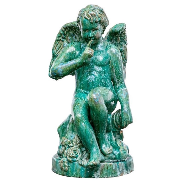 Large Glazed Terracotta Putto Garden Sculpture