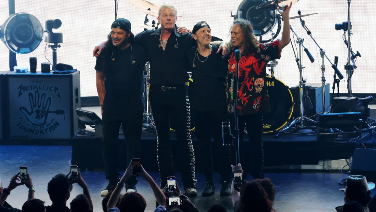 Robert Trujillo, James Hetfield, Lars Ulrich and Kirk Hammett of Metallica pose onstage during Metallica&#039;s All Within My Hands Foundation Presented by the Helping Hands Concert And Auction 2024 at YouTube Theater on December 13, 2024 in Inglewood, California. 