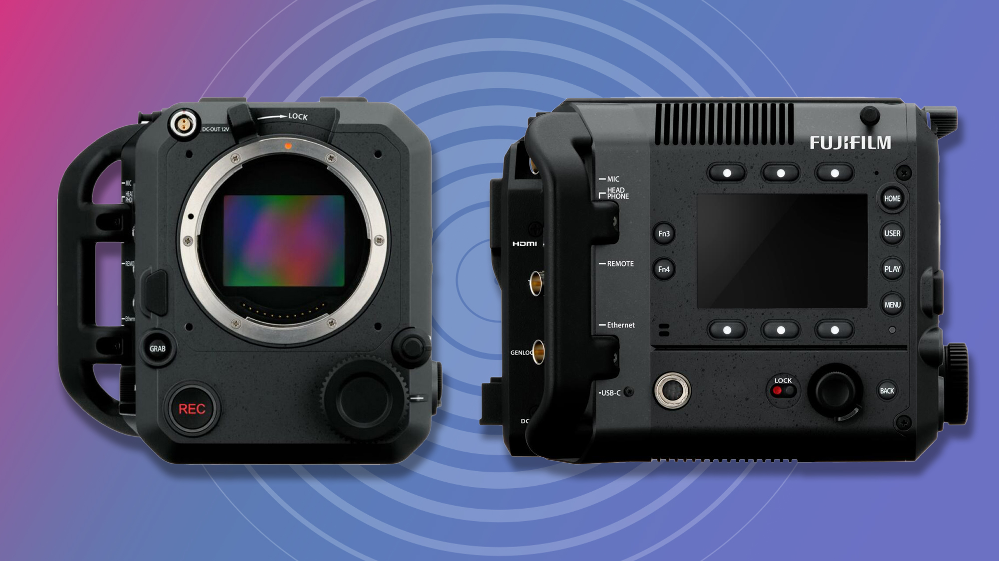 Fujifilm GFX Eterna camera on a multi-color background with radar graphic overlay