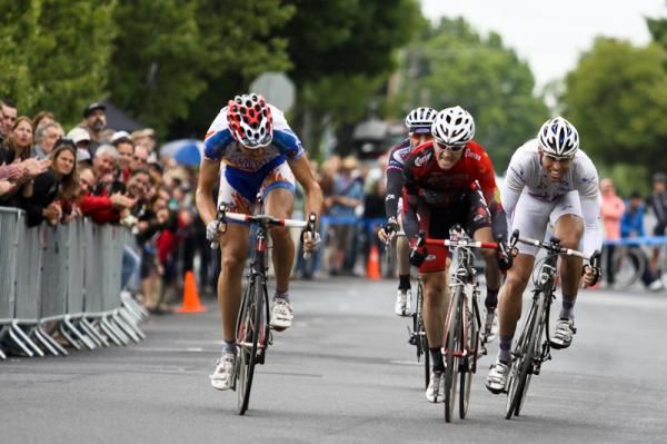 Jamie Sparling (left) outsprinted his break companions for the stage win.