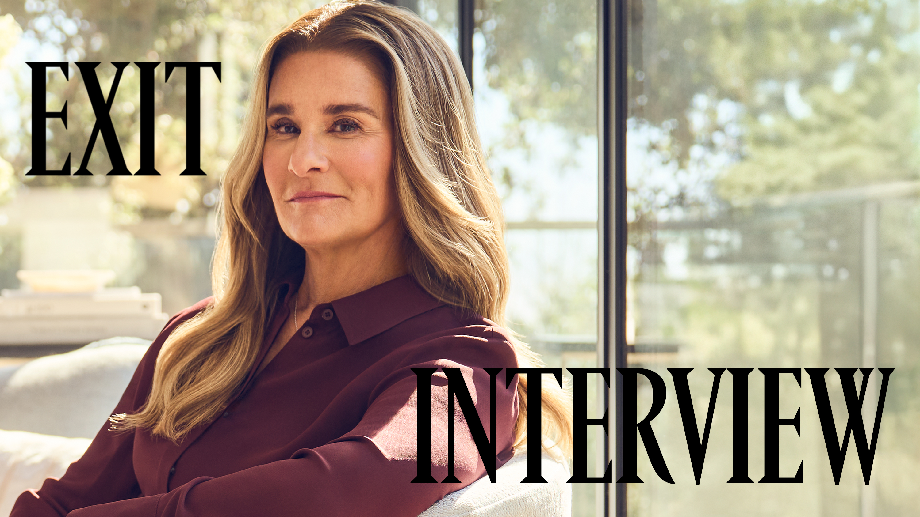 Philanthropist Melinda French Gates sitting in front of a window in a brown shirt