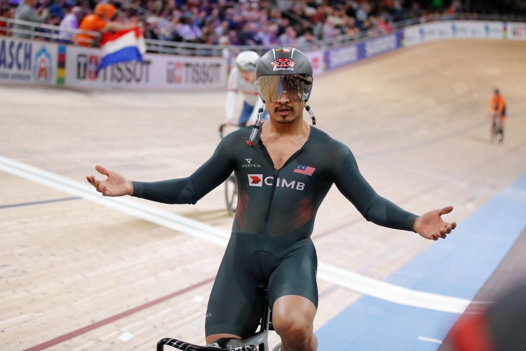 Malaysias Mohd Azizulhasni Awang celebrates Bronze in the mens 15 km Keirin final at the UCI track cycling World Championship at the velodrome in Berlin on February 27 2020 Photo by Odd ANDERSEN AFP Photo by ODD ANDERSENAFP via Getty Images