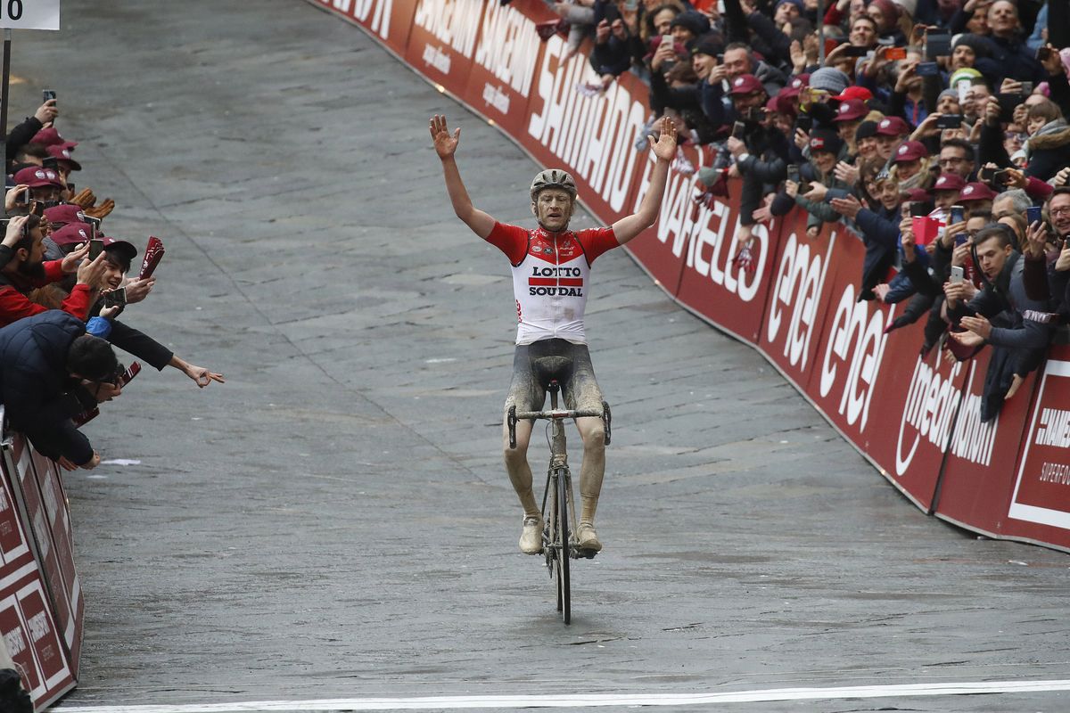 Tiesj Benoot (Lotto Soudal) wins the 2018 edition of Strade Bianche