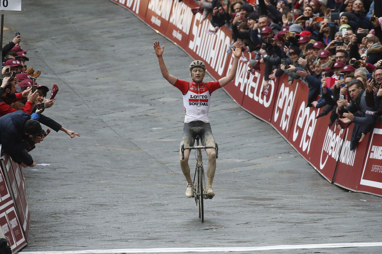 Tiesj Benoot (Lotto Soudal) wins the 2018 edition of Strade Bianche