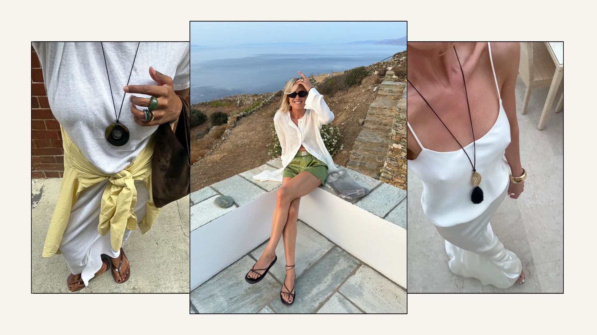 A collage of three women wearing open toe shoes with stylish pedicures