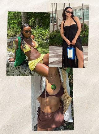 A collage of women wearing their swimwear with crochet tote bags.