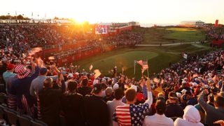 Fans gather in the first tee grandstands prior to the start of Friday Morning Foursome Matches of the previous Ryder Cup