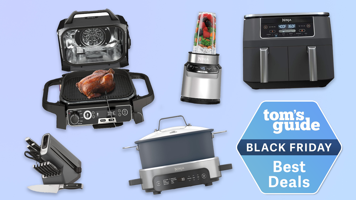 a composite image of ninja air fryer, blender, multicooker, grill, and knives with a tom&#039;s guide black friday badge