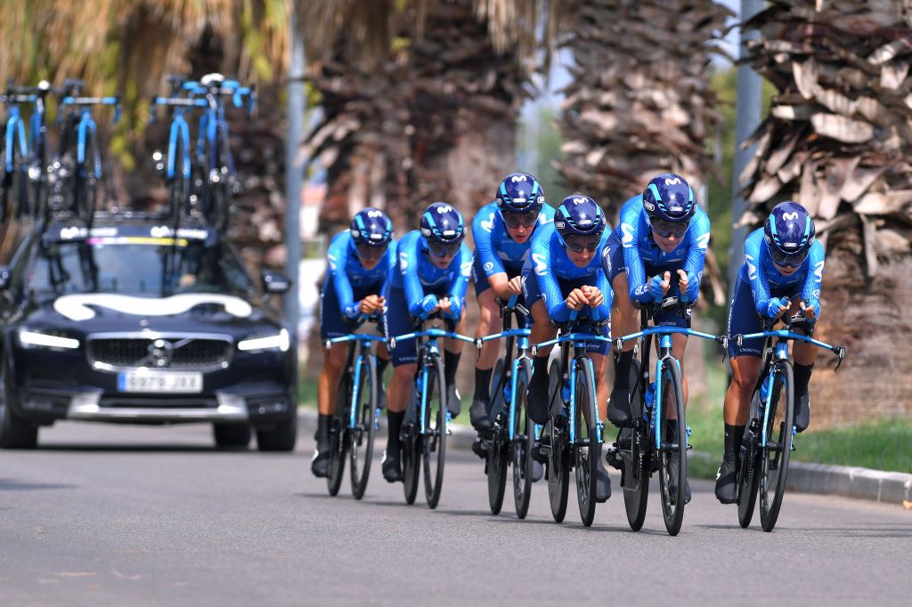 GROSSETO ITALY SEPTEMBER 11 Katrine Aalerud of Norway Aude Biannic of France Jelena Eric of Serbia Barbara Guarischi of Italy Paula Andrea Patino Bedoya of Colombia and Gloria Rodriguez Sanchez of Spain and Movistar Team Women during the 31st Giro dItalia Internazionale Femminile 2020 Stage 1 a 168km Team Time Trial from Grosseto to Grosseto TTT GiroRosaIccrea GiroRosa on September 11 2020 in Grosseto Italy Photo by Luc ClaessenGetty Images