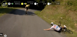 Tadej Pogacar goes down on a descent, as captured on Twitter video by Tour de France