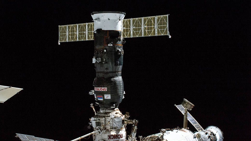 Russia&#039;s Progress 82 cargo craft, packed with 3 tons of food, fuel and supplies, is pictured shortly after docking to the International Space Station&#039;s Poisk module on Oct. 28, 2022.