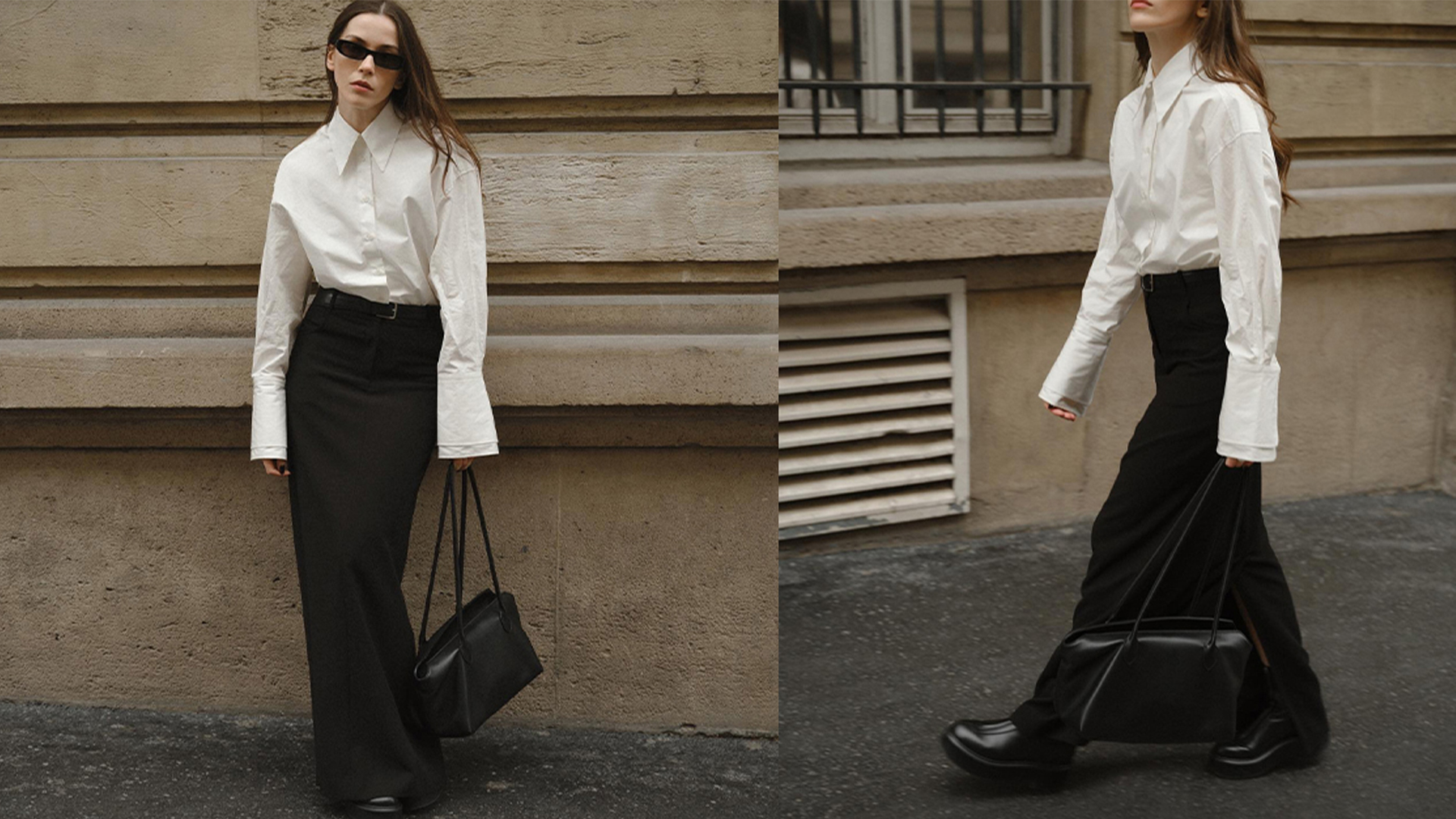 lena wears white button down and black column and black handbag and black sunglasses