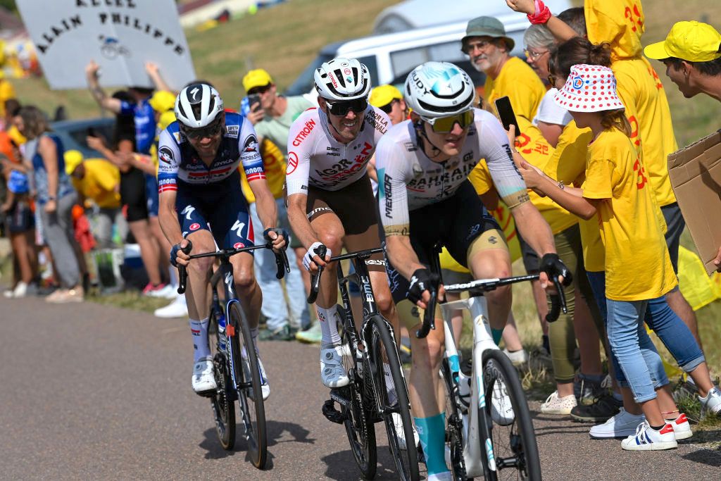 POLIGNY, FRANCE - JULY 21: (L-R) Kasper Asgreen of Denmark and Team Soudal - Quick Step, Ben O&#039;connor of Australia and Ag2R CitroÃ«n Team and Matej Mohoric of Slovenia and Team Bahrain Victorious compete in the breakaway during the stage nineteen of the 110th Tour de France 2023 a 172.8km stage from Moirans-en-Montagne to Poligny / #UCIWT / on July 21, 2023 in Poligny, France. (Photo by Tim de Waele/Getty Images)