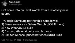 Yogesh Brar tweet on the Pixel Watch price and availability