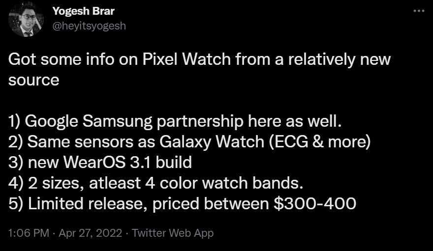 Yogesh Brar tweet about Pixel Watch price and availability