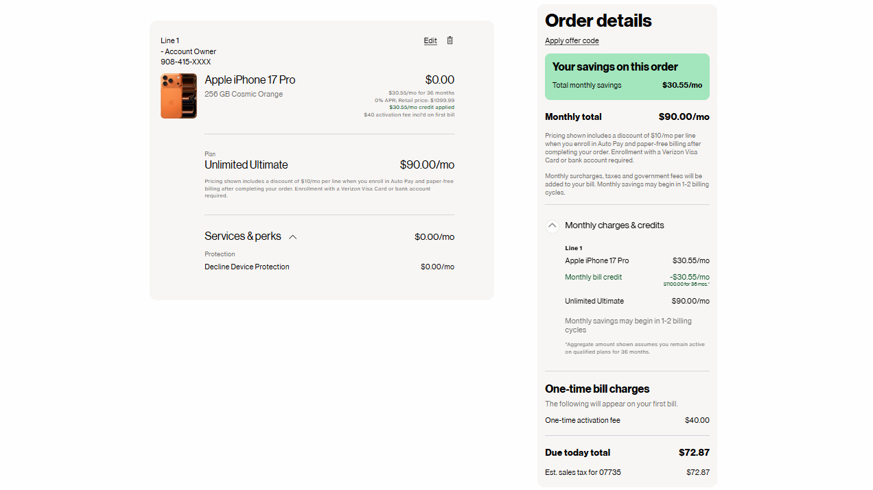 Verizon iPhone 17 Pro Black Friday offer screen shot.