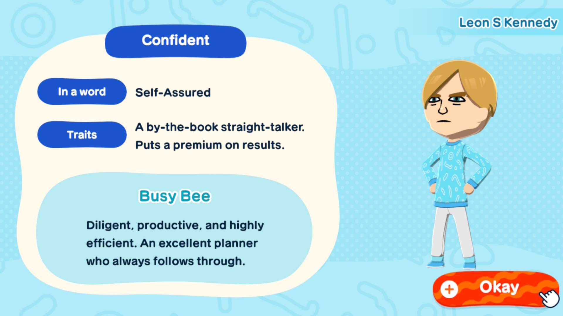 A personality descriptor in Tomodachi Life Living the Dream