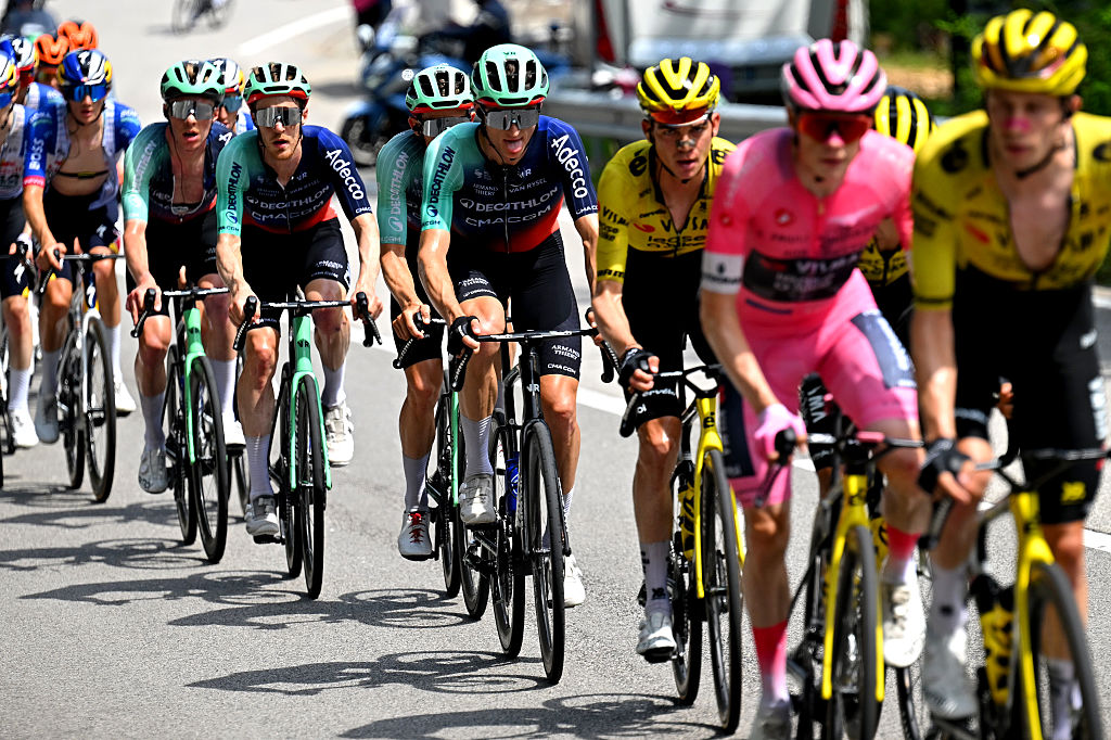 PIANCAVALLO, ITALY - MAY 30: Felix Gall of Austria and Team Decathlon CMA CGM competes during the 109th Giro d&amp;amp;apos;Italia 2026, Stage 20 a 200km stage from Gemona del Friuli to Piancavallo 1289m / #UCIWT / on May 30, 2026 in Piancavallo, Italy. (Photo by Tim de Waele/Getty Images)
