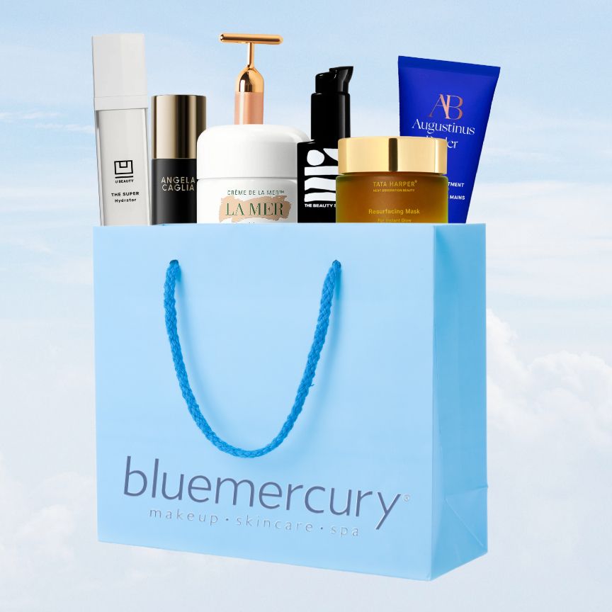 collage of a bluemercury shopping bag with skincare prodcuts