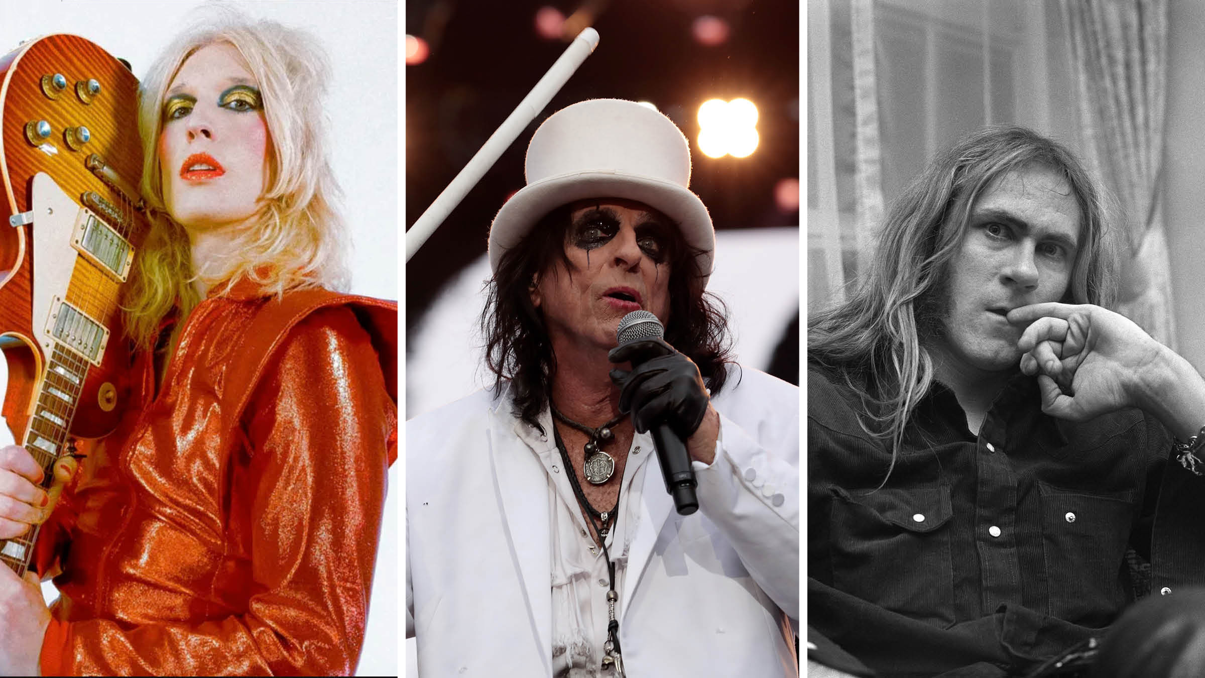 New Alice Cooper guitarist Gyasi with Alice Cooper in a white top hat and matching suit, and a black and white portrait of the late Cooper guitarist Glen Buxton.