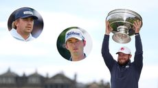 Main image of Tyrrell Hatton lifting the Alfred Dunhill Links Championship trophy with inset headshots of Oliver Lindell (top left) and Elvis Smylie (centre)