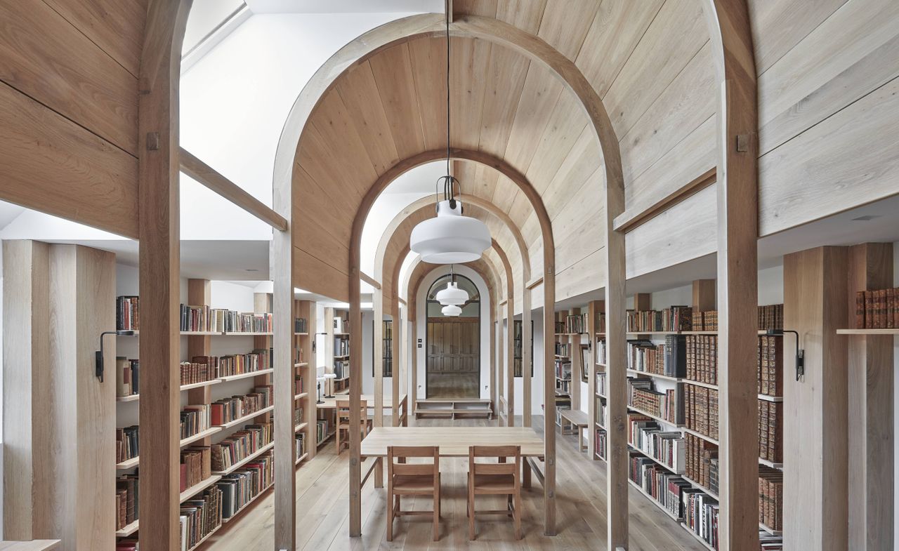 Contemporary library with dramatic arches