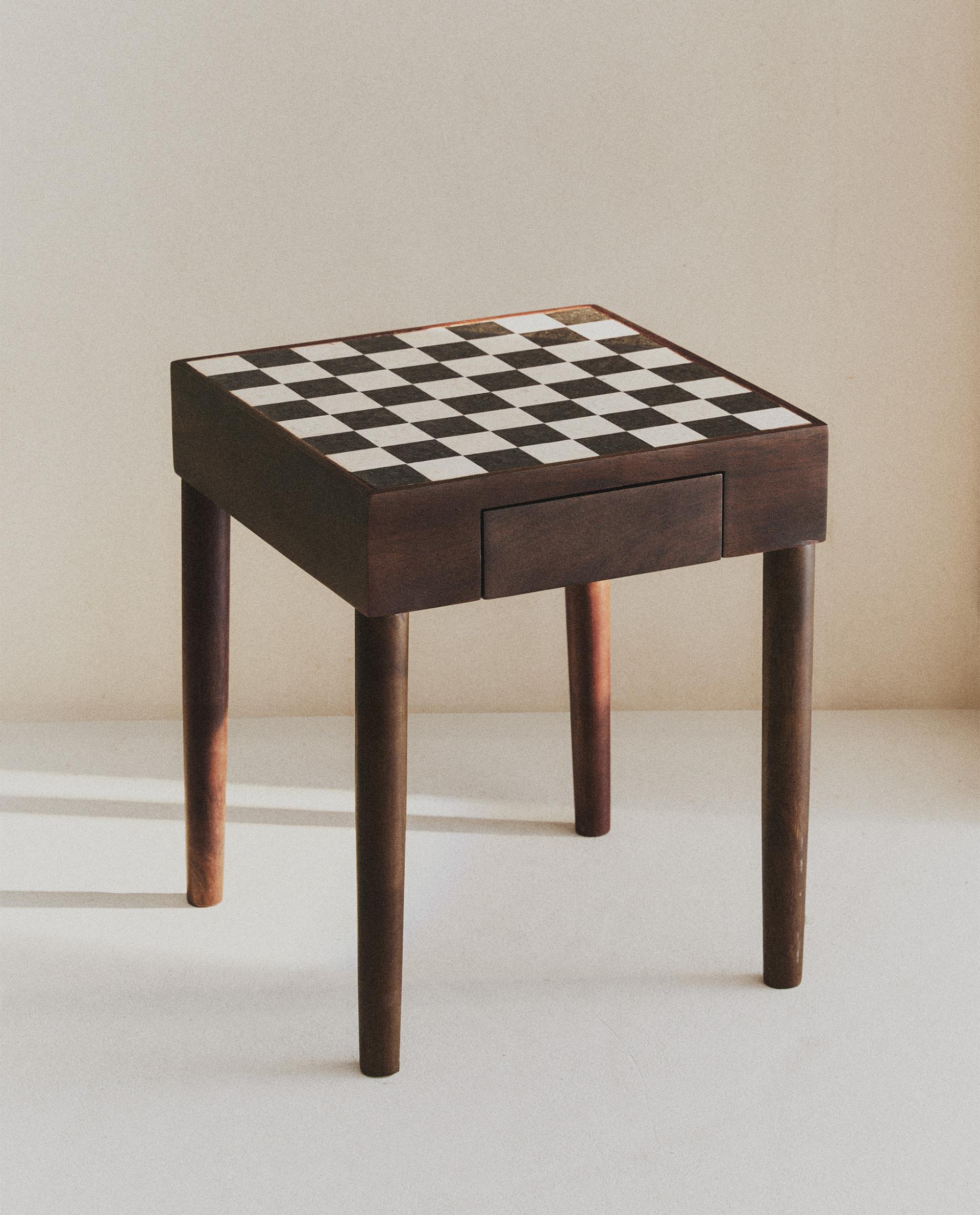Teak Side Table With Marble Chess Top