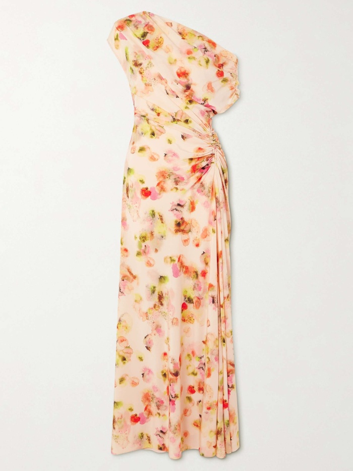 Poppy One-Shoulder Ruched Printed Stretch-Silk Gown