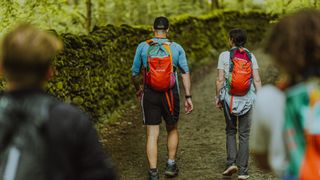 A group of hIkers on a forested path